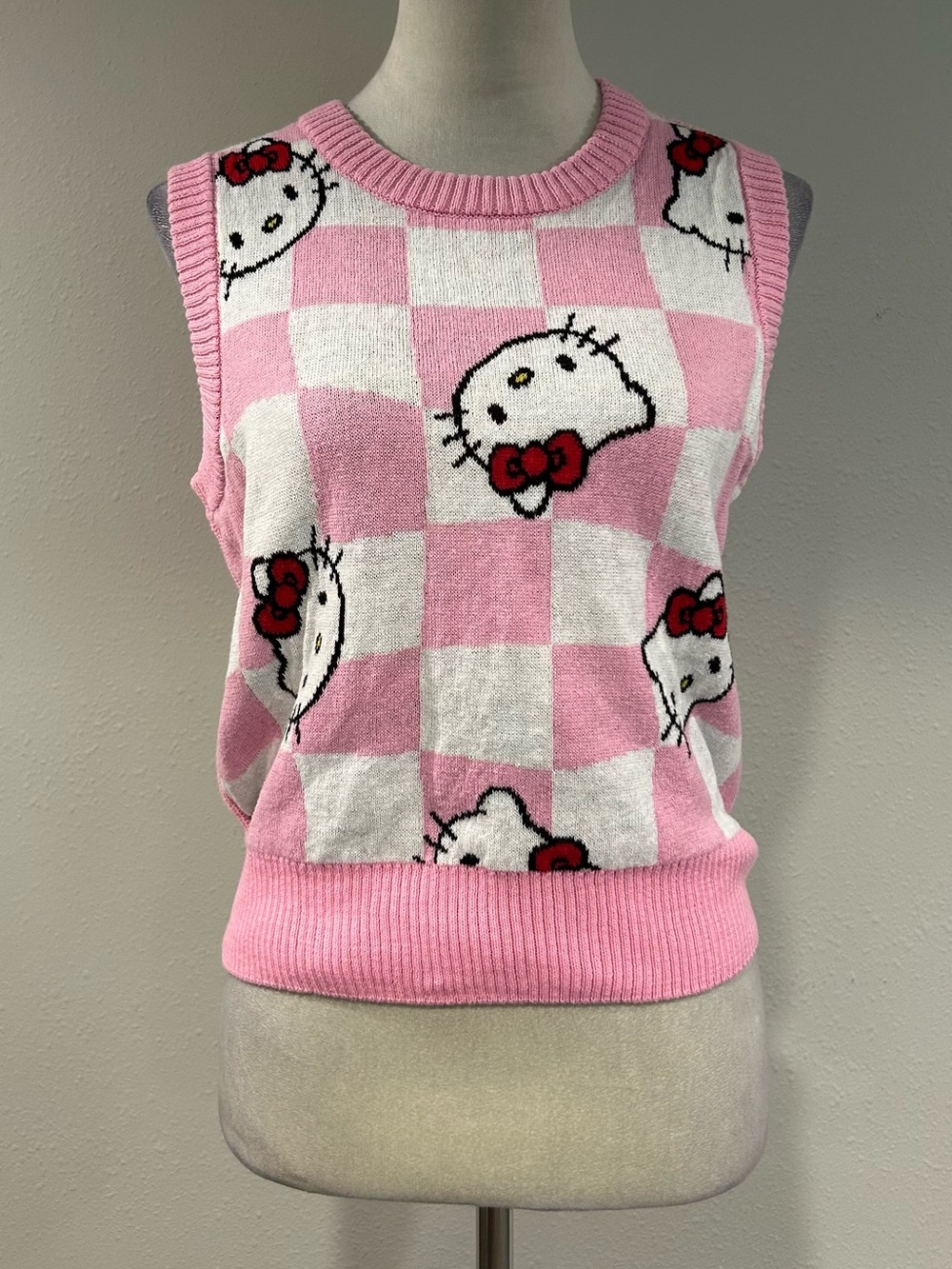 Hello Kitty Pink and White Checker Knit Sweater Vest size small